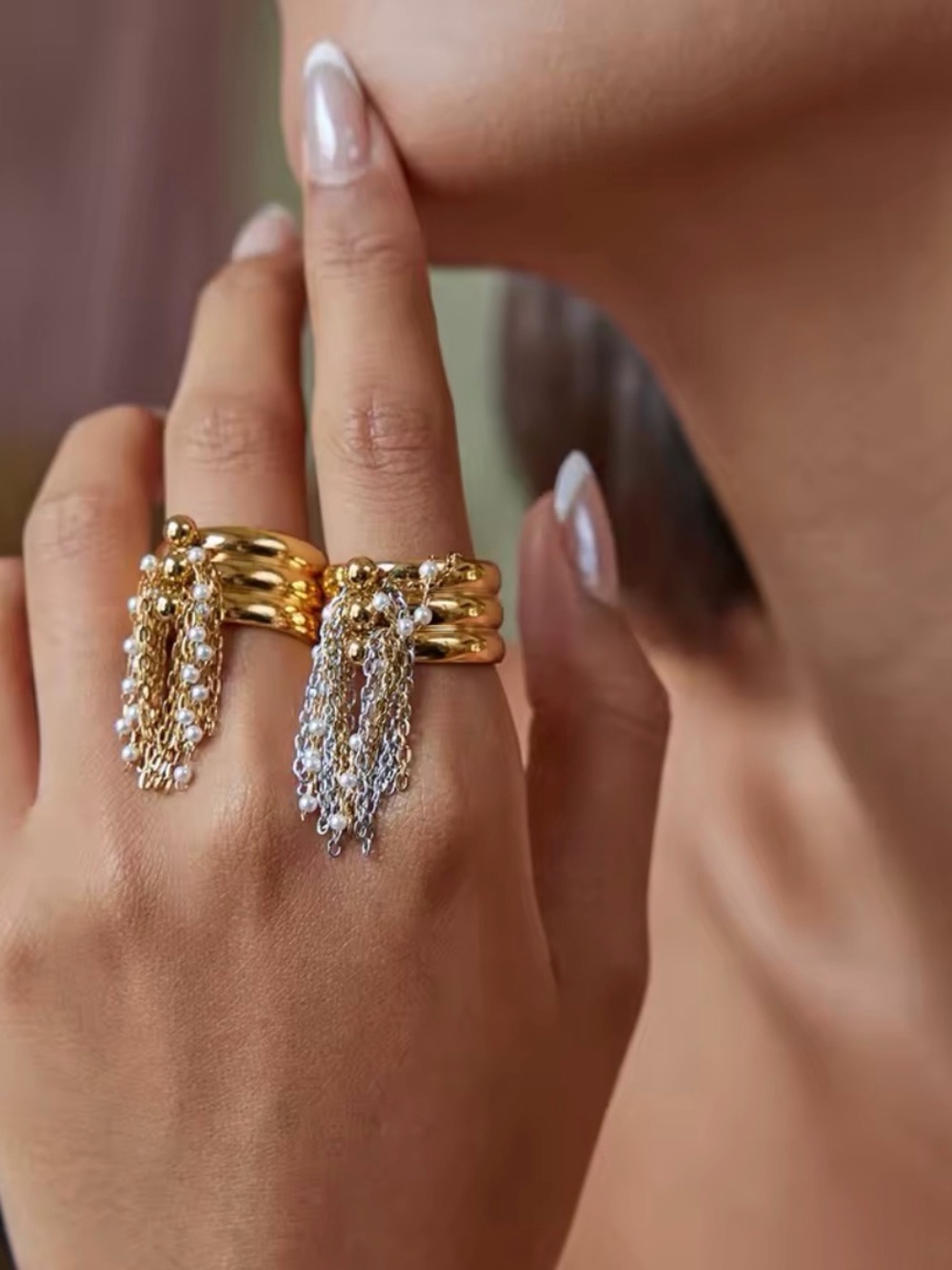 Gold Pearl Tassel Stackable Ring - Brand New! Adjustable